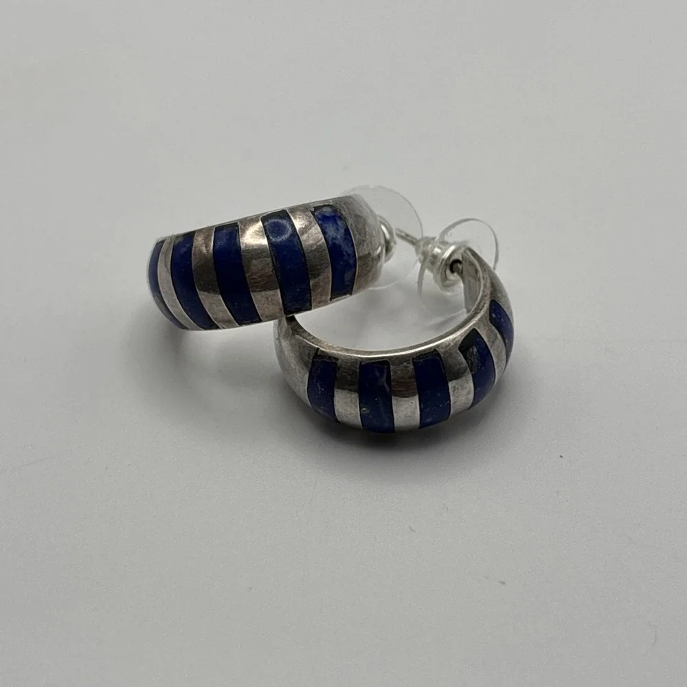 925 Sterling Silver And Lapis Lazuli Inlay Half Hoop Earrings